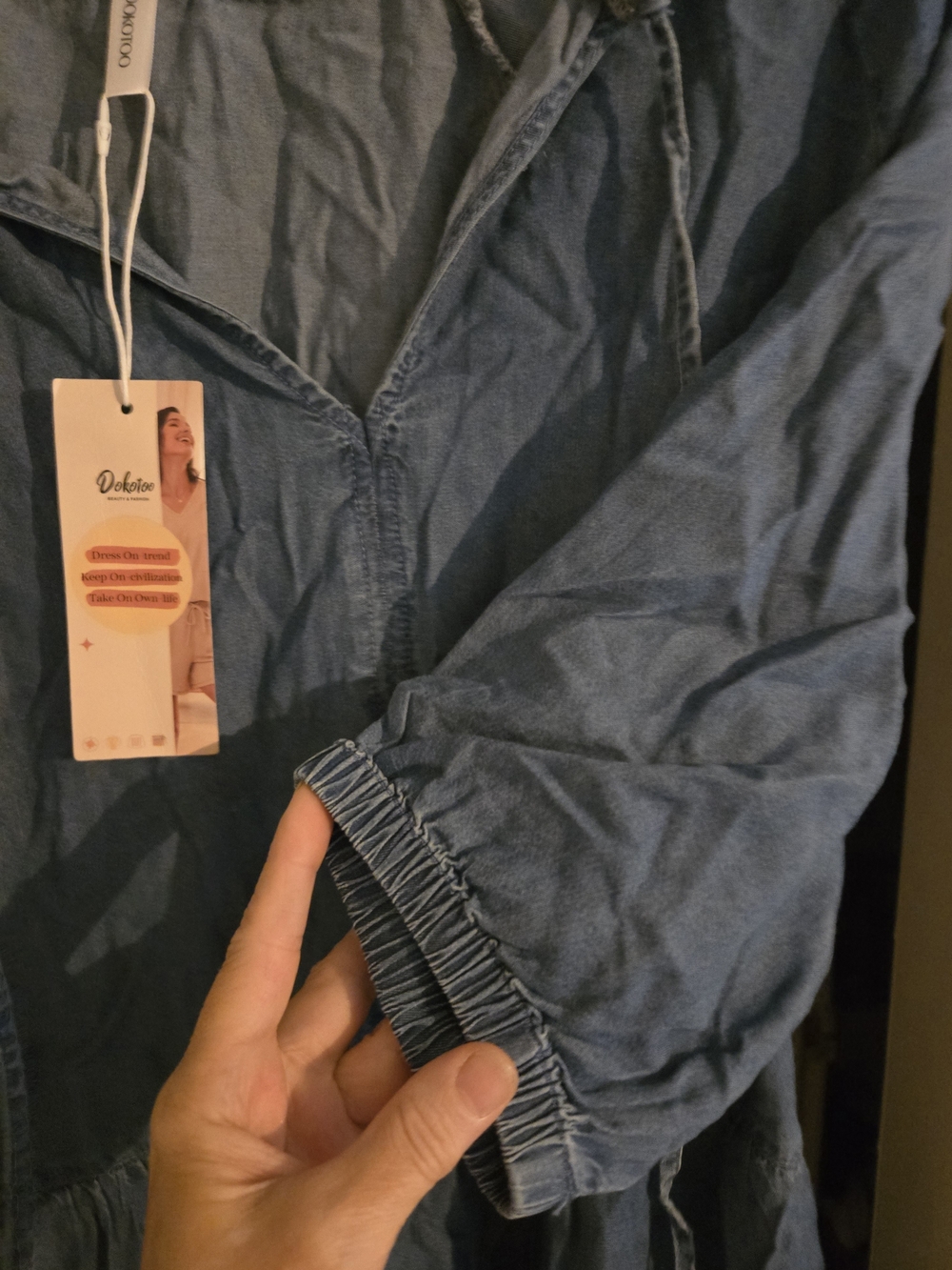 Dokotoo Blue Denim-Style Peasant Dress, Sz Large, NIP - Picture 8 of 8